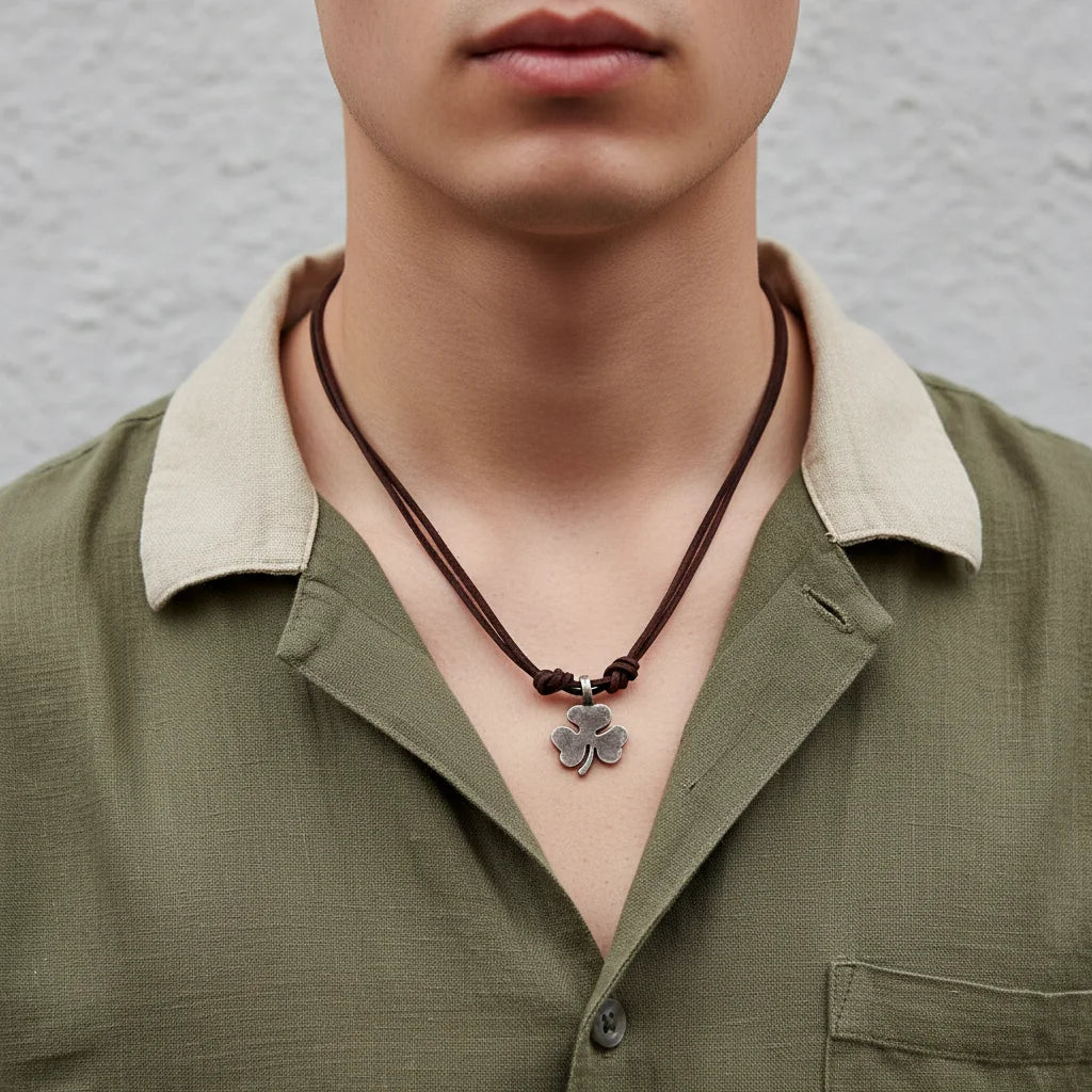 Retro Trefoil Zinc Alloy Pendants Necklace Vintage Personality Genuine Leather Chain Necklace for Men Women