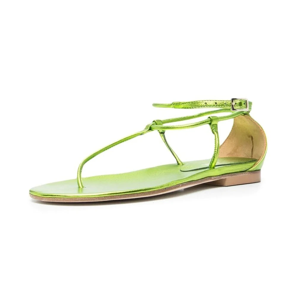 Fashion Trend Green Summer Round Toe Ankle Strap Women Shoes Ladies Thong Sandals Flats