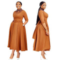 RNSHANGER African Party Evening Dresses for Women Elegant Stand Collar Half Sleeve Solid Color Midi Dress with Pocket Clothing