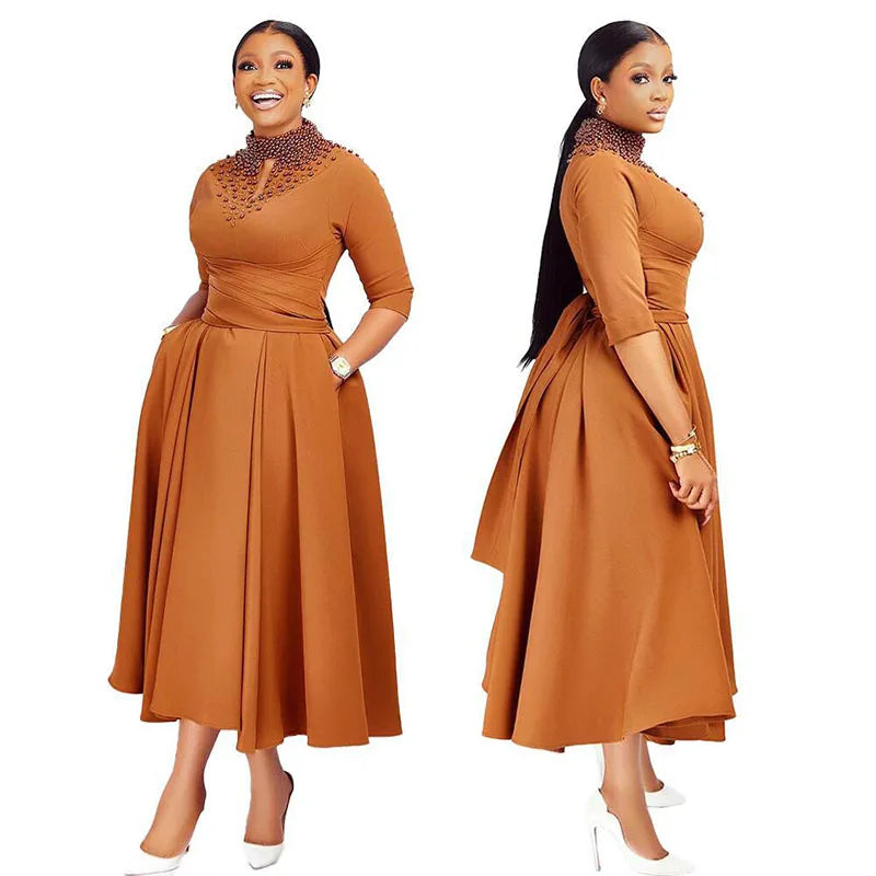 RNSHANGER African Party Evening Dresses for Women Elegant Stand Collar Half Sleeve Solid Color Midi Dress with Pocket Clothing