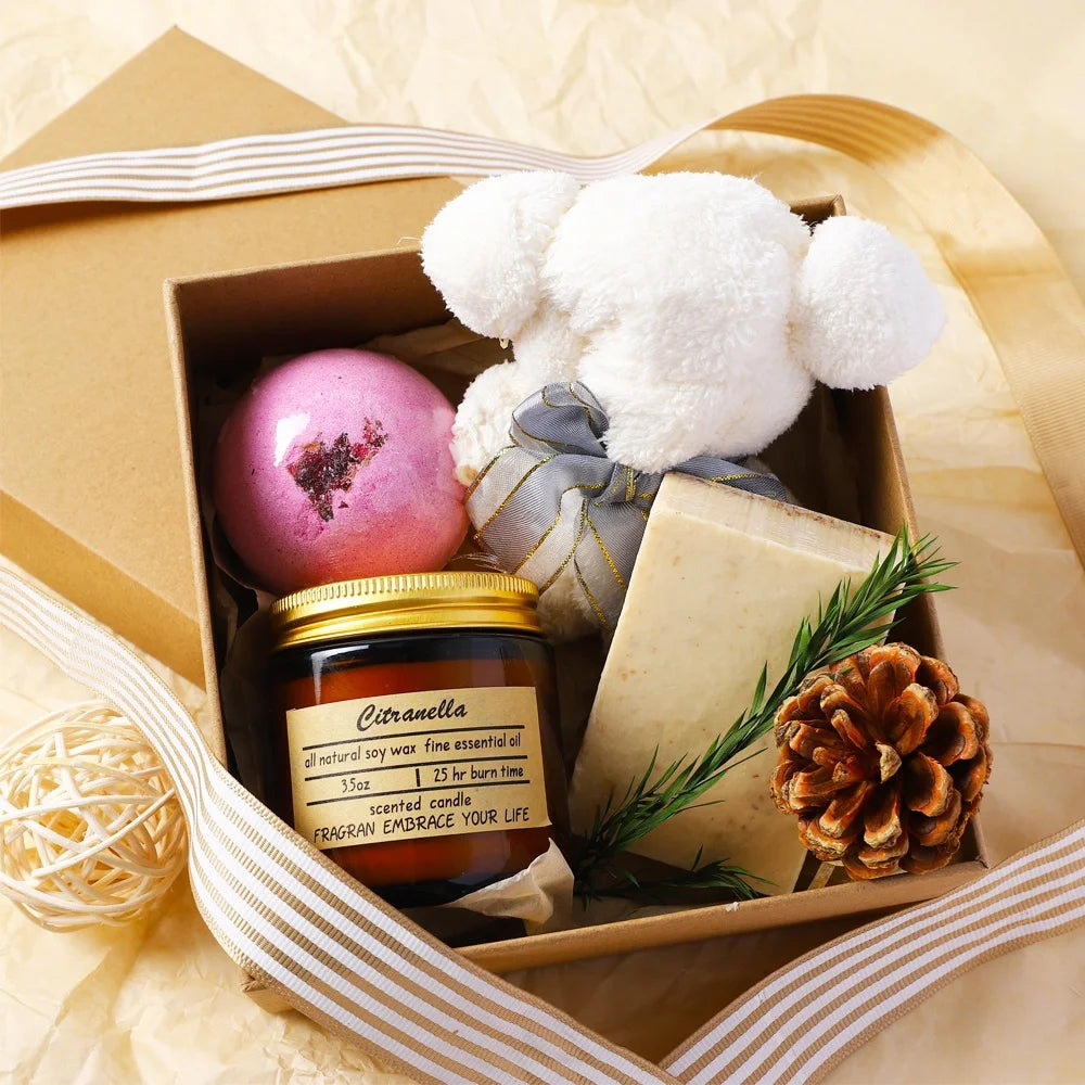 Women Self Care Valentines Bath Gift Set Luxury Towel Oatmeal Soap Bath Bomb Aromatherapy Soy Wax Scented Candle Gift Set