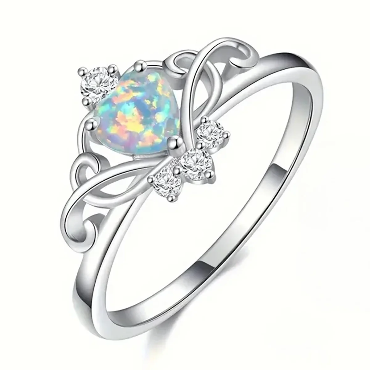 Huitan S925 Princess Rings for Aesthetic Round Imitated Diamond Heart Shaped Opal Design Band Rings Sterling Silver for Women