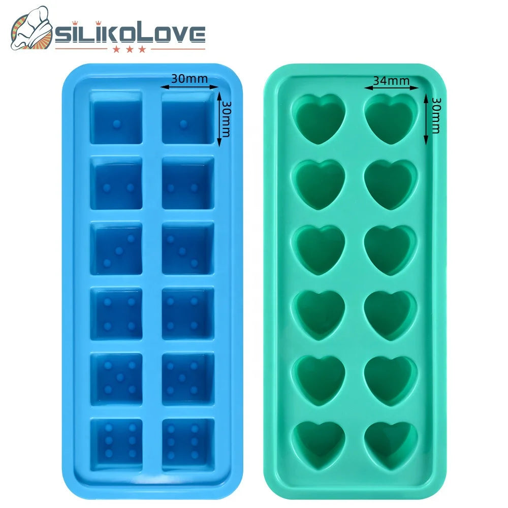 SILIKOLOVE 12 Cavity Heart Square Silicone Ice Maker for Whiskey  Cocktails Silicone Ice Cube Tray