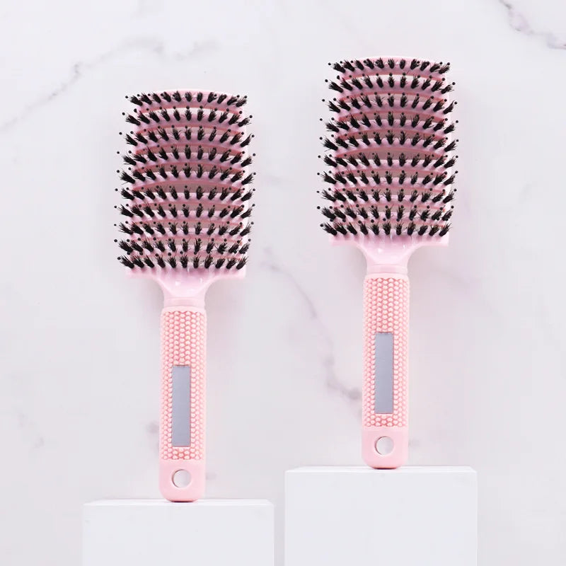 Pink Boar Bristle Nylon Hairbrush Anti-Static Scalp Massage Comb Curved Vented Detangling Brush for Wet & Dry Hair