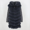 OFTBUY 2025 Winter Outerwear X-Long Genuine Leather Fox Fur Vest with Natural Fur Hood Casual Zipper Closure Streetwear Coat