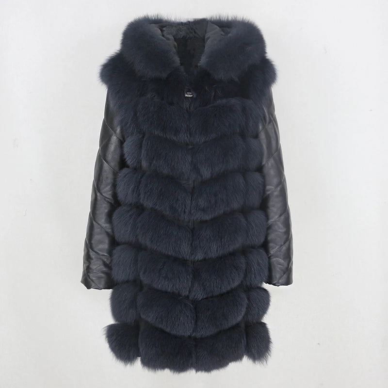 OFTBUY 2025 Winter Outerwear X-Long Genuine Leather Fox Fur Vest with Natural Fur Hood Casual Zipper Closure Streetwear Coat