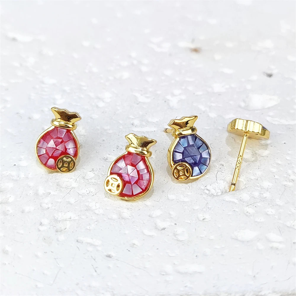 Chinese Style Lucky Amulet Fortune Jewelry Money Bag 925 Sterling Silver Stud Gold Earrings Stick Natural Shell MOP Jewelry Lady