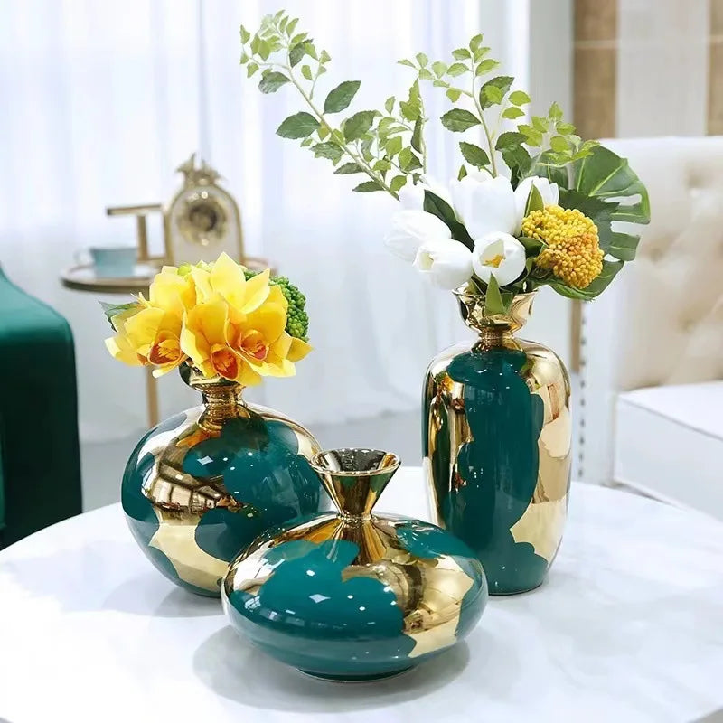 Porcelain Gold and Silver Border Big Belly Small Neck and Small Mouth Dark Green Ceramic Vase Porcelain Vase