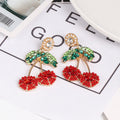 Hot Selling Gold Plated Statement Fruit Earring Jewelry Luxury Colorful Rhinestone Cherry Earrings for Women