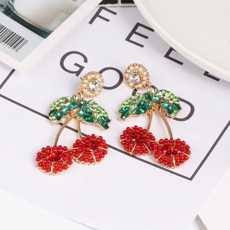 Hot Selling Gold Plated Statement Fruit Earring Jewelry Luxury Colorful Rhinestone Cherry Earrings for Women