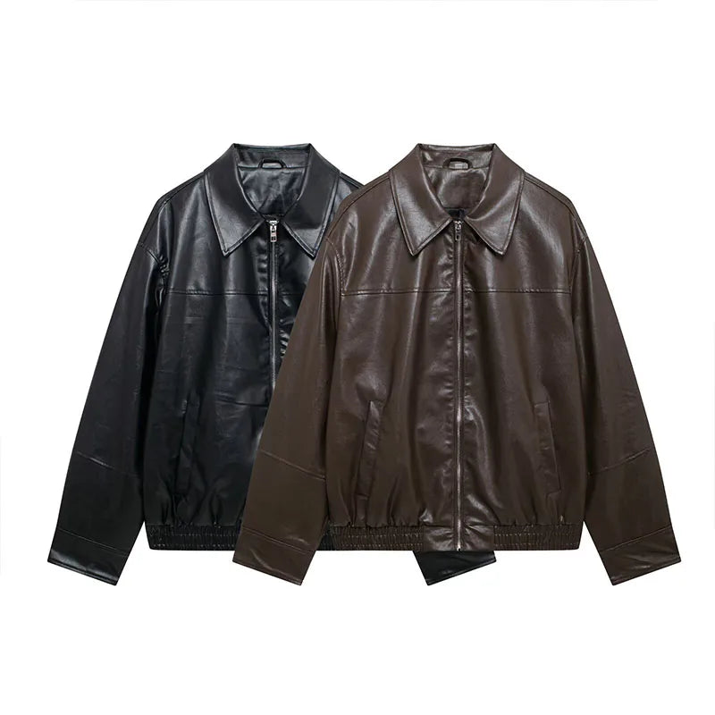 ZATRHMBM Autumn Women's Clothing 2024 New Fashion Faux Leather pilot Jacket Coat Retro Lapel Long-sleeved Female Coat