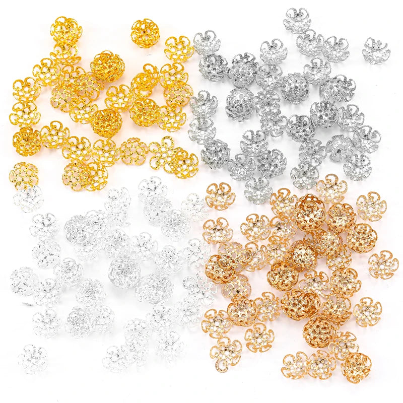 200pcs/bag Metal Flower Beads End Caps 8mm 10mm 4 Colors Spacer Beads for Earring Necklace Jewelry Making Findings V133