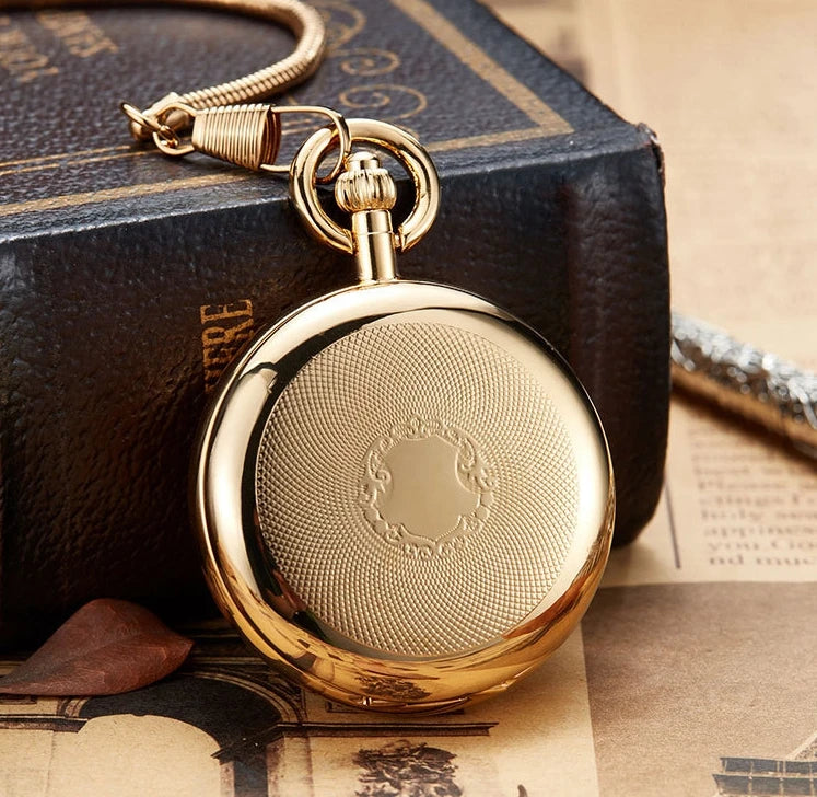 Weflourish MP006 Antique Skeleton Mechanical Movement Double Face Brass Automatic Mechanical Pocket Watch No Waterproof