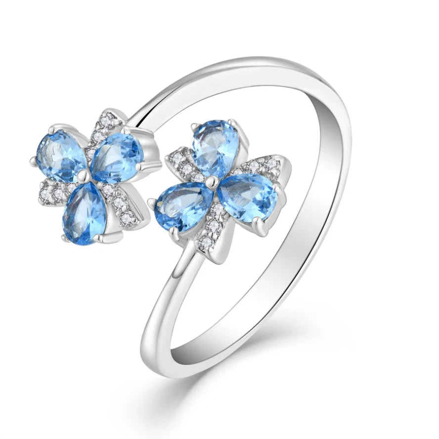 Elegant 925 Sterling Silver Women's Ring Blue Zirconia Flower Design Rhodium Plating Stylish Gemstone Jewelry for Parties Gifts