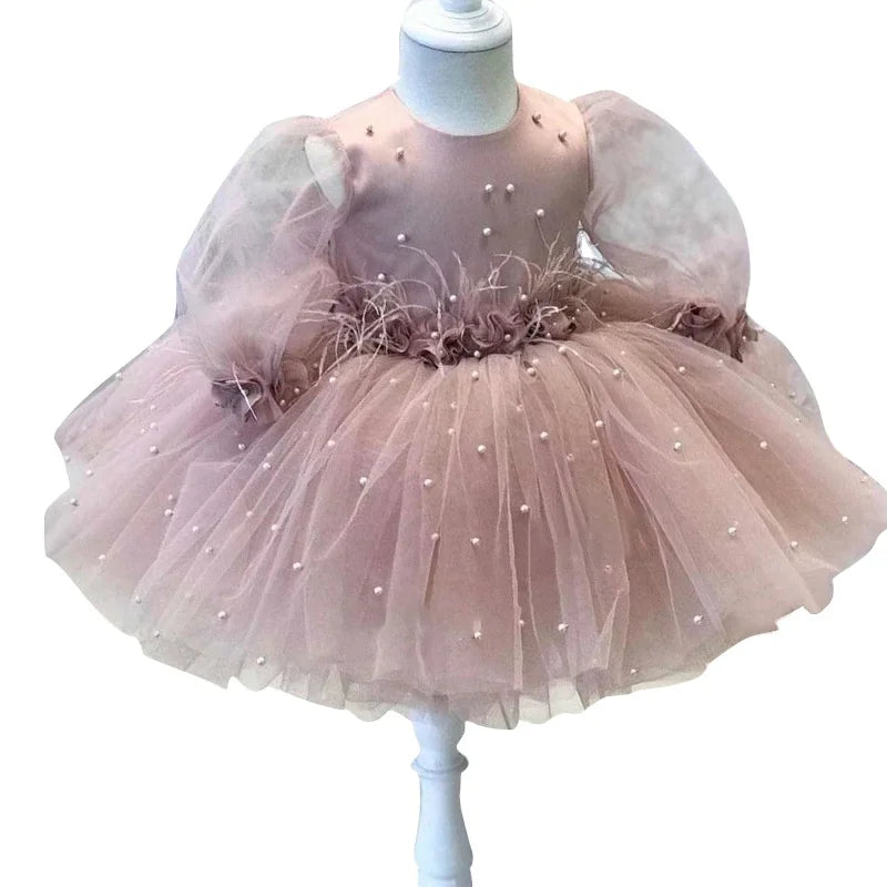 2024 Bow Flower Girl Dress Party Birthday Wedding Princess Hand Beaded Dream Dress Mesh Chiffon Pleated Princess Dress