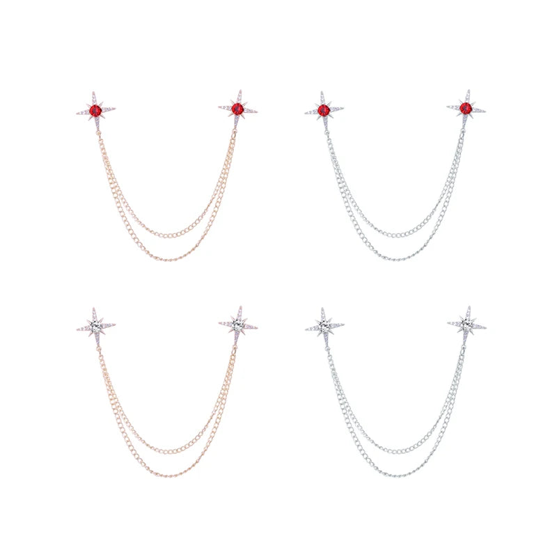 Rhinestone Lapel Pins Star-shape Brooches Women Men Chain Tassels Pin Buckle Custom Gold Collar Brooch Pin for Suit Accessories