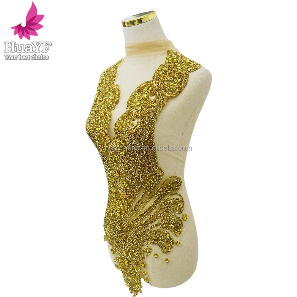 HY2369 Golden Decorated Sew-On Fashion Appliques Bodice Handmade Rhinestone Applique for Party Dress