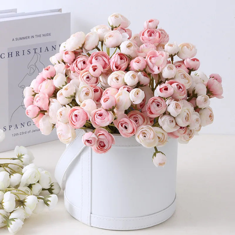 Y-H037 Wholesale High Quality 30cm Mini Artificial Fabric Camellia Flower Bunch for Wedding Brides Flower Bouquets Arrangement