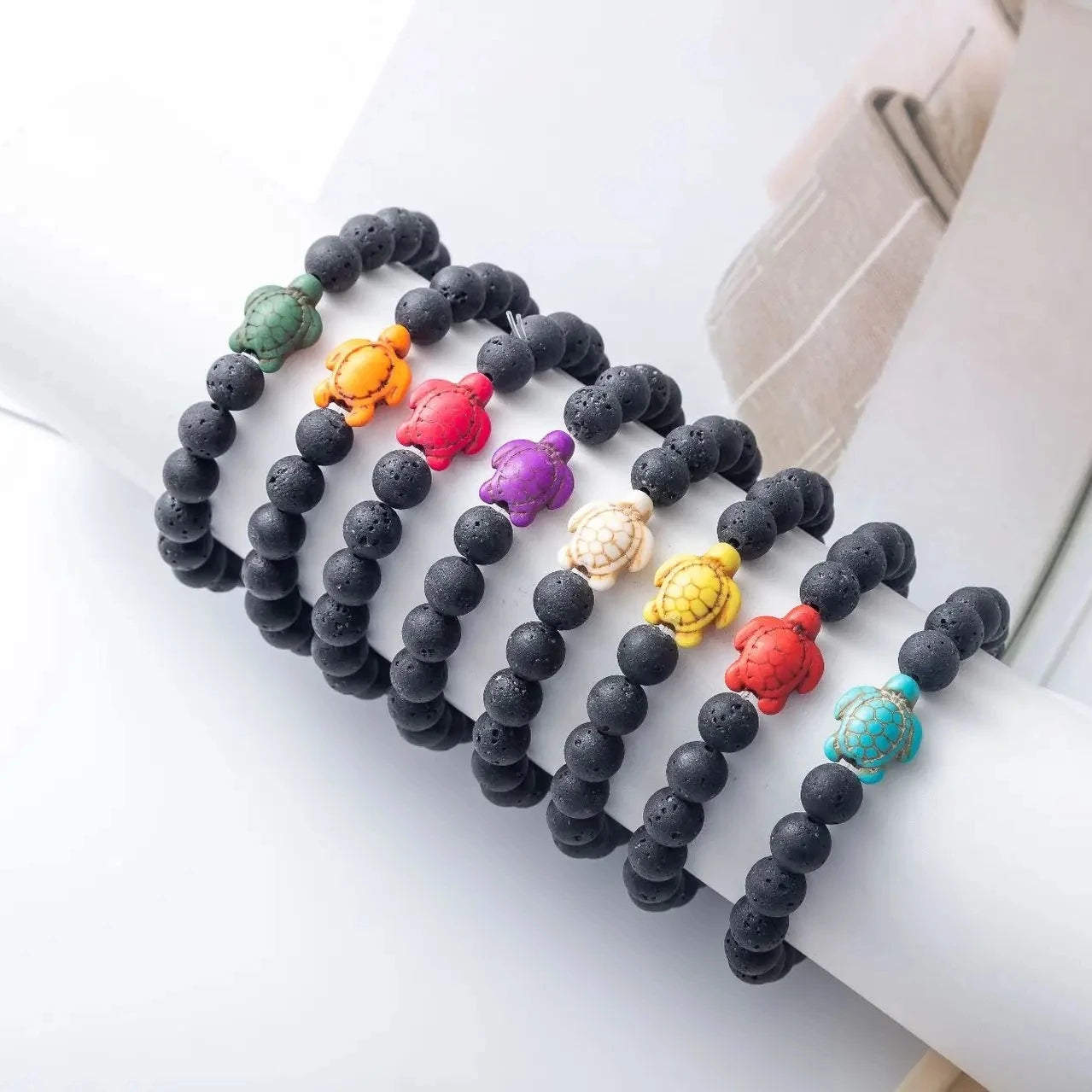 Personalized Boho Sea Turtle Bracelet 8mm Black Lava Stone Beads Elastic Bracelet for Women Men