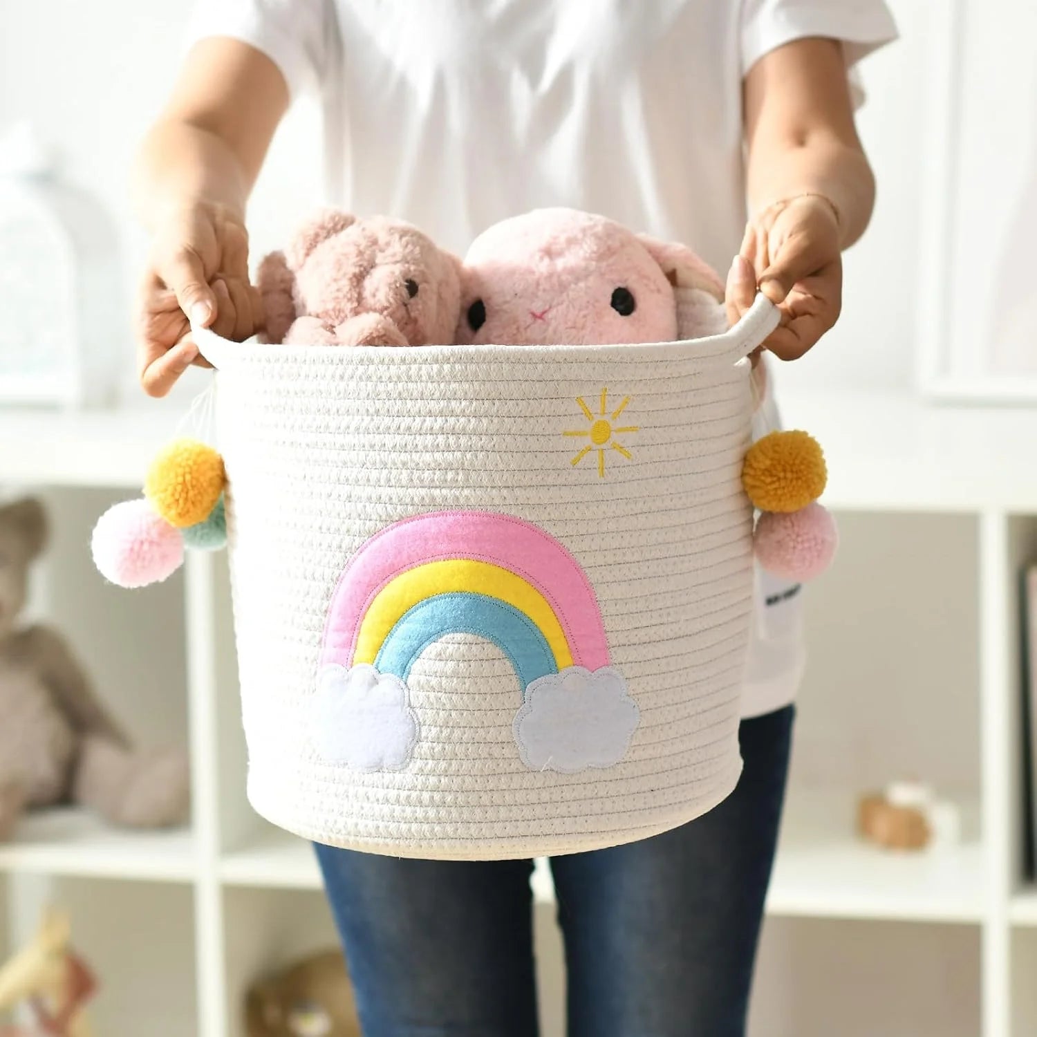 Cotton Rope Toy Baskets with Handles Large Rainbow Storage Bins Dog Toys Organizer Solution for Kids (Rainbow)