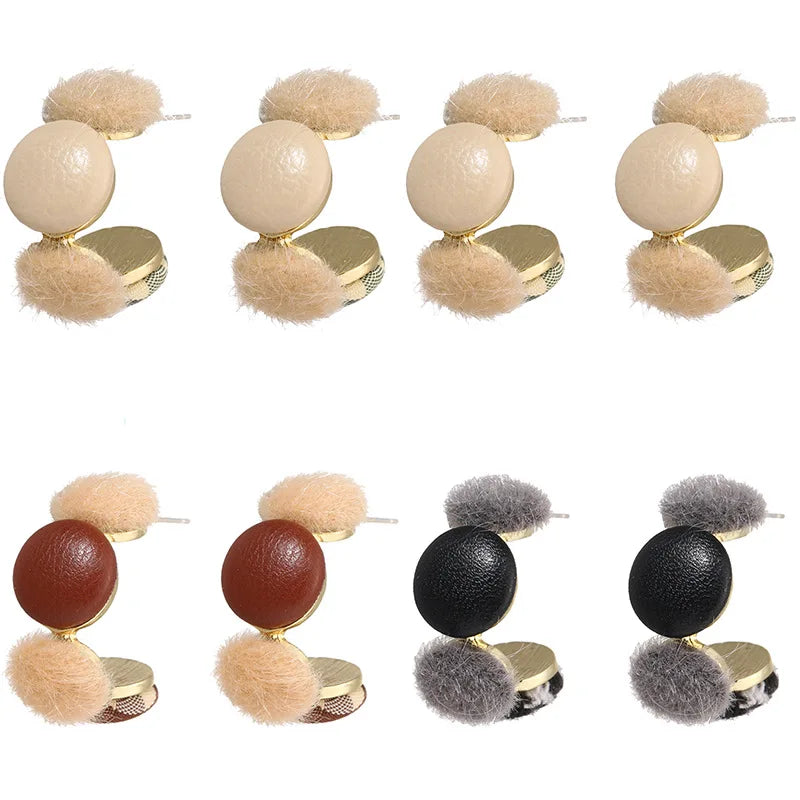 S925 Silver Needle Earring Cute Plush Pom Plaid C Shape Round Earrings for Women Creative Fur Pu Leather Earring