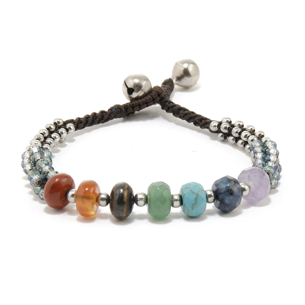 New Arrival Handmade Ethnic Style Silver Plated Beaded Crystal Wax Rope Bracelets 7 Chakra Healing Energy Stone for Gift