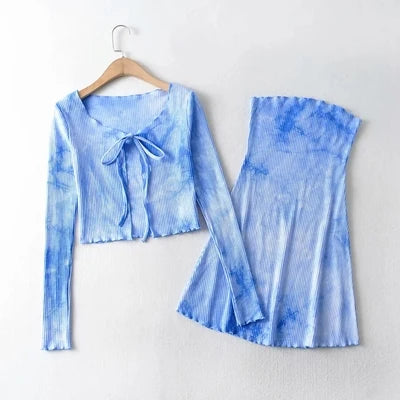 Tie Dyed Ribbed Cotton Dress Cardigan Strapless Skirt Girl Dress Set