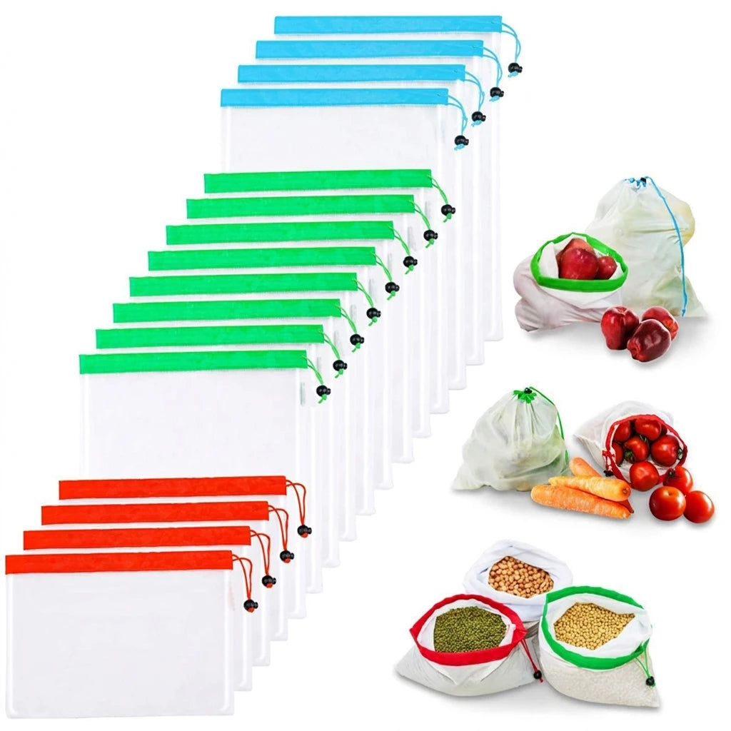 Wholesale Eco-friendly Reusable White Produce 100% RPET Net Mesh Bag Washable Grocery Veggie Bag for Fruit and Vegetables