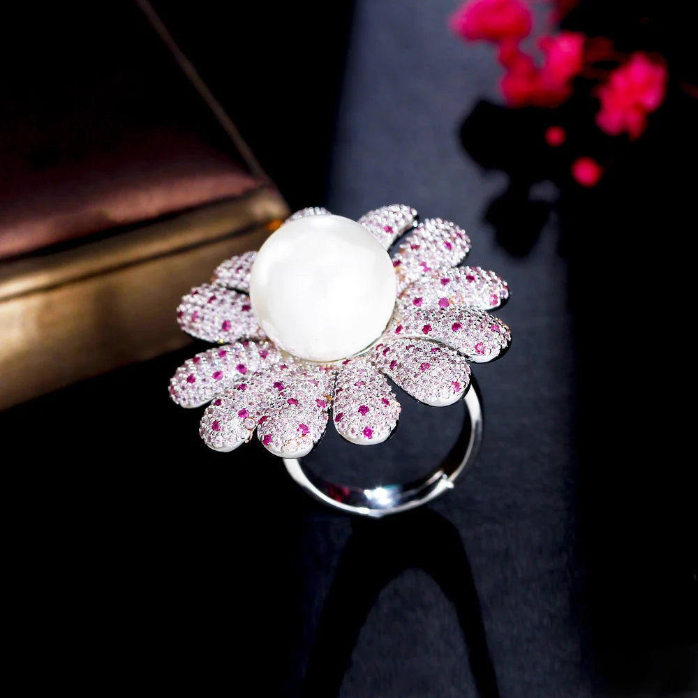 Luxury Silver Plated Cubic Zirconia Stone Resizable Wedding Big Flower Pearl Rings Jewelry for Women Engagement Dress Accessory
