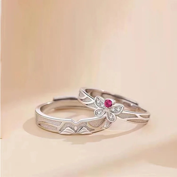 Wholesale Romantic Silver Plated Butterfly Crystal Diamond Zircon Adjustable Couple Rings for Women Men Wedding Engagement Ring