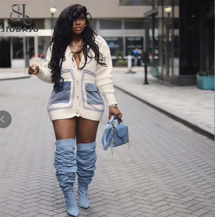 Pocket Stitched Coat Women 2023 Spring Winter Fashion V-Neck Big Size Loose Cardigan Sweater