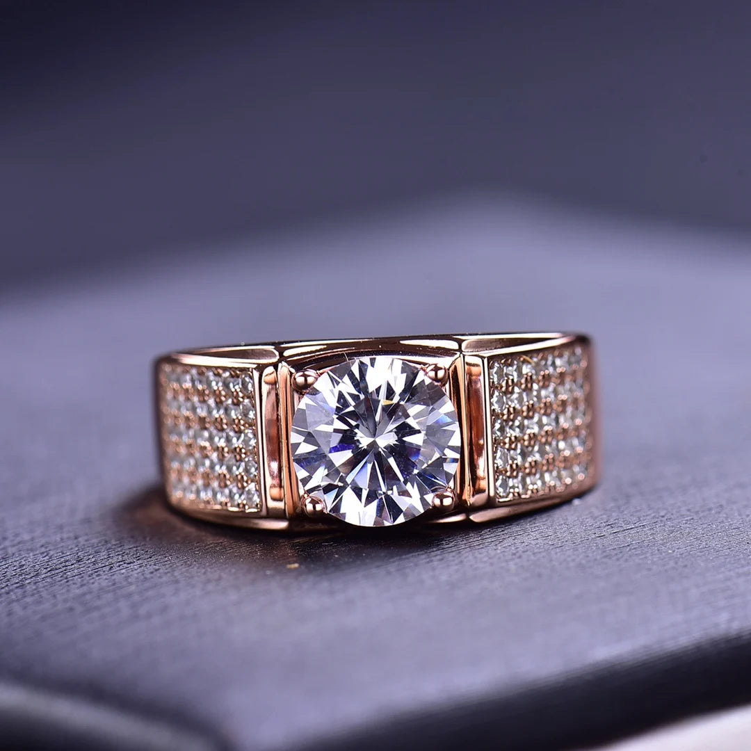 Men's Classic 18K Rose Gold Plated 2 Carat Brilliant Cut Pass Diamond Test Sparkling D Color Moissanite Party Ring Fine Jewelry