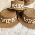 Go Party Bachelorette Hen Party Bridal Shower Summer Beach Wedding Flat Top Hats BRIDE MRS WIFEY Pearl Diamond Sun Straw Hat