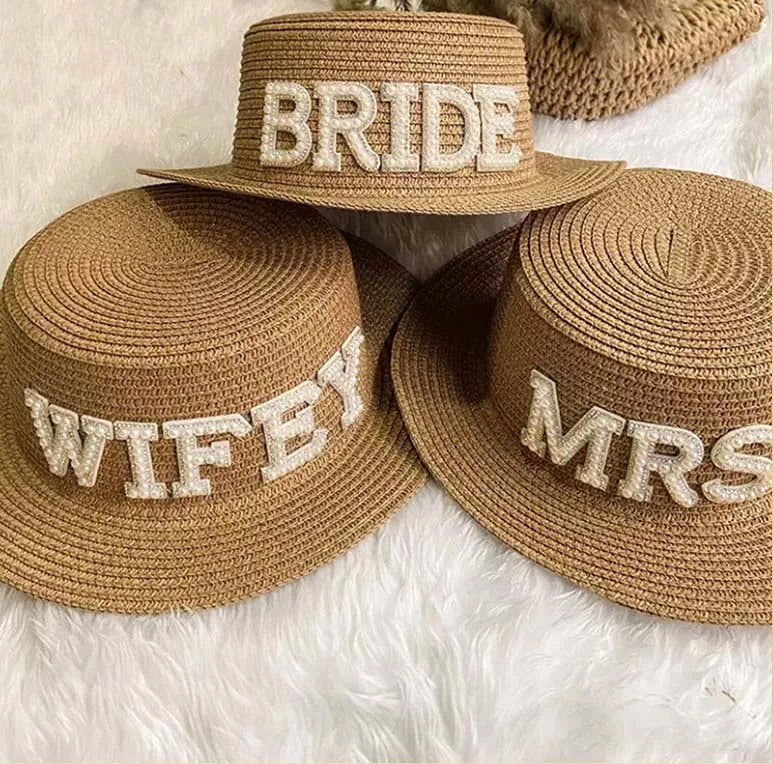 Go Party Bachelorette Hen Party Bridal Shower Summer Beach Wedding Flat Top Hats BRIDE MRS WIFEY Pearl Diamond Sun Straw Hat