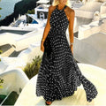 Women's Summer Hanging Neck Sleeveless Polka Dot Printed Pleated Long Skirt
