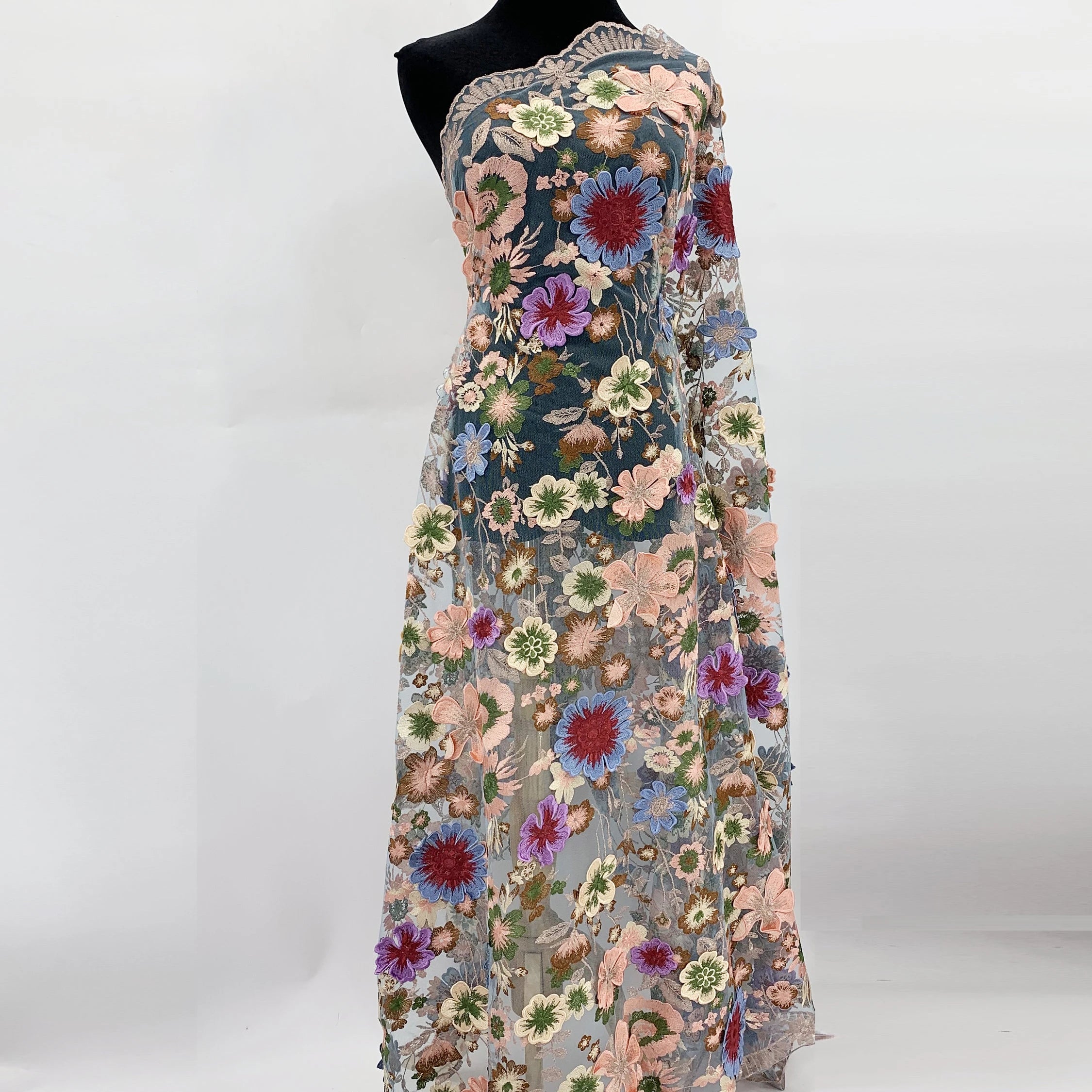 Colorful 3D Flowers Floral Embroidery Tulle Evening Dresses Lace Fabric