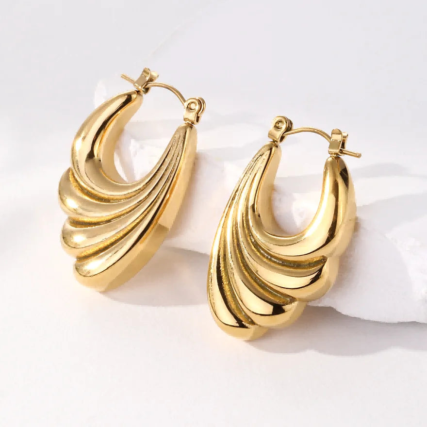 18k Gold Plated Statement Earrings Stainless Steel Jewelry Trendy Geometric Stripe Hoop Earrings