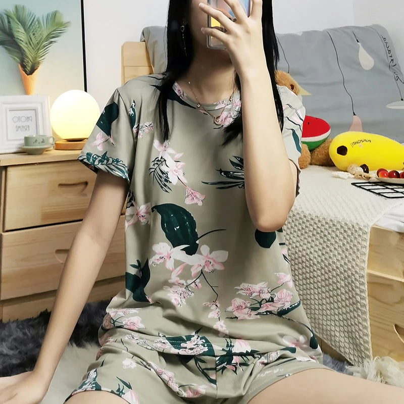 2 Piece Short Pajamas Cute Teen Women Milk Silk Nightwear Sleepwear
