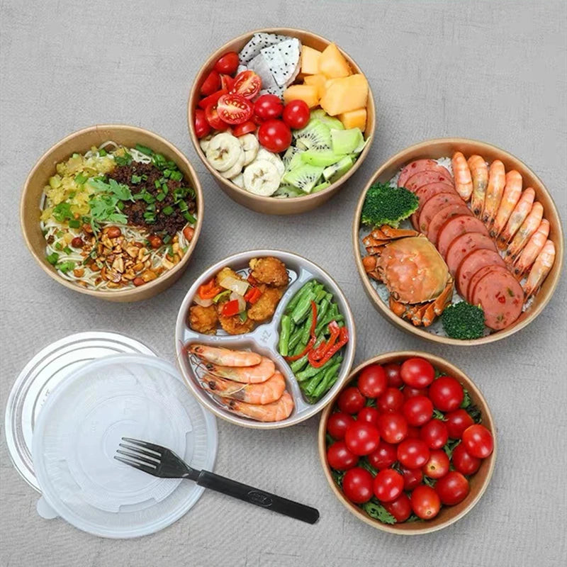 Paper Salad Bowl 1000 ml Round Disposable Kraft Food Bowls With Lid