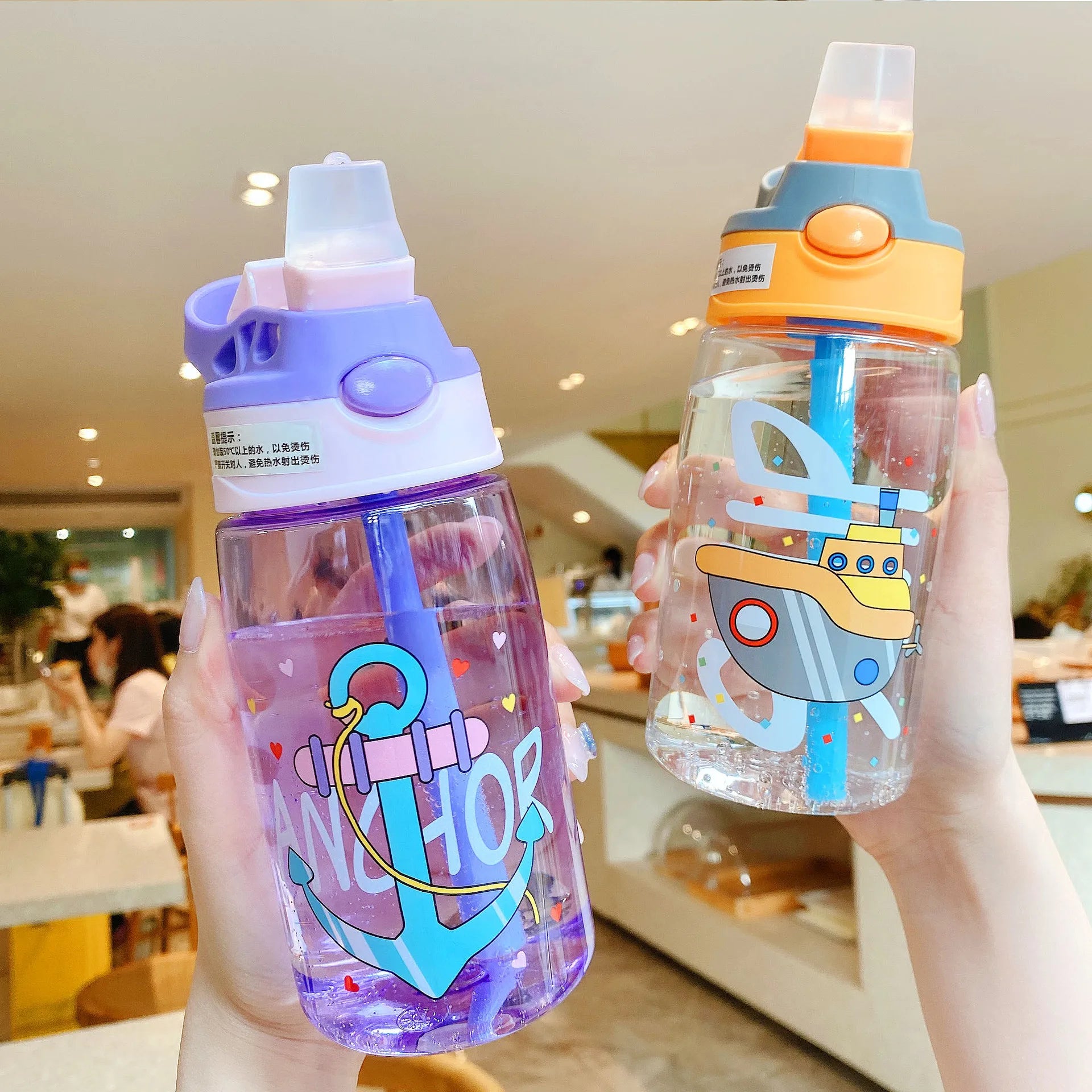 Eco Friendly Plastic Kids Drinking Water Bottle Cartoon 480ml Kids Water Cup With Straw and Handle