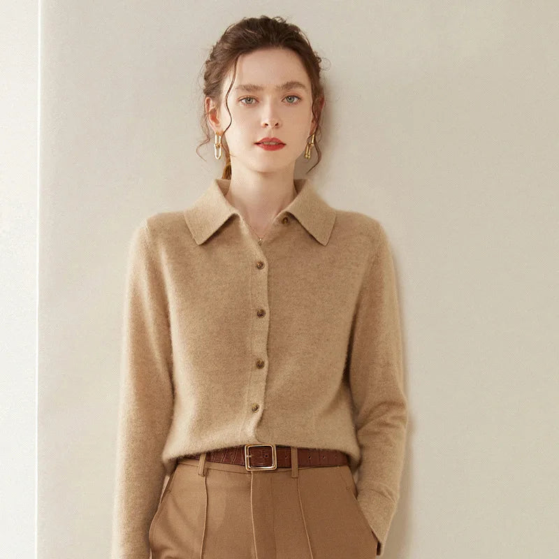 Custom Color Solid Color Winter Casual Knitted Turn Down Collar Crew Neck Button Front Ladies Cashmere Anti-Wrinkle Cardigan