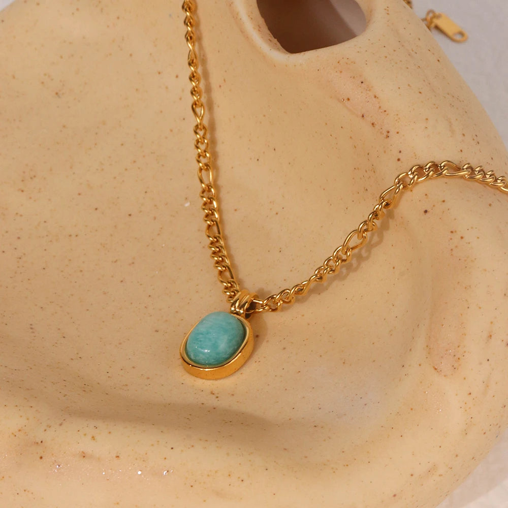 Chris April Fashion Jewelry PVD Gold Plated 316L Stainless Steel Natural Stone Pendant Necklace with Figaro Chain