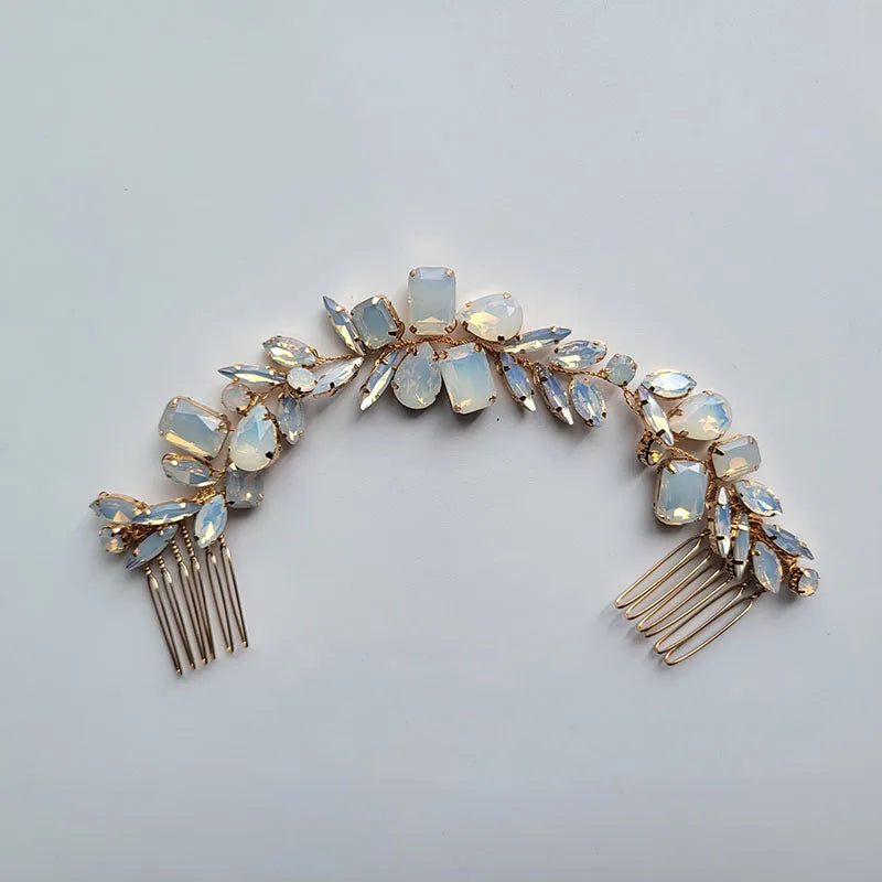 SLBRIDAL Handmade Alloy Opal Crystal Rhinestones Bridal Headband Hair Comb Clip Wedding Headpiece Women Jewelry Hair Accessories