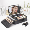 Portable Fashion Leather Makeup Case with Light-Up Mirror Travel Cosmetic Bags Brush Organizer Storage Box with Zipper Closure