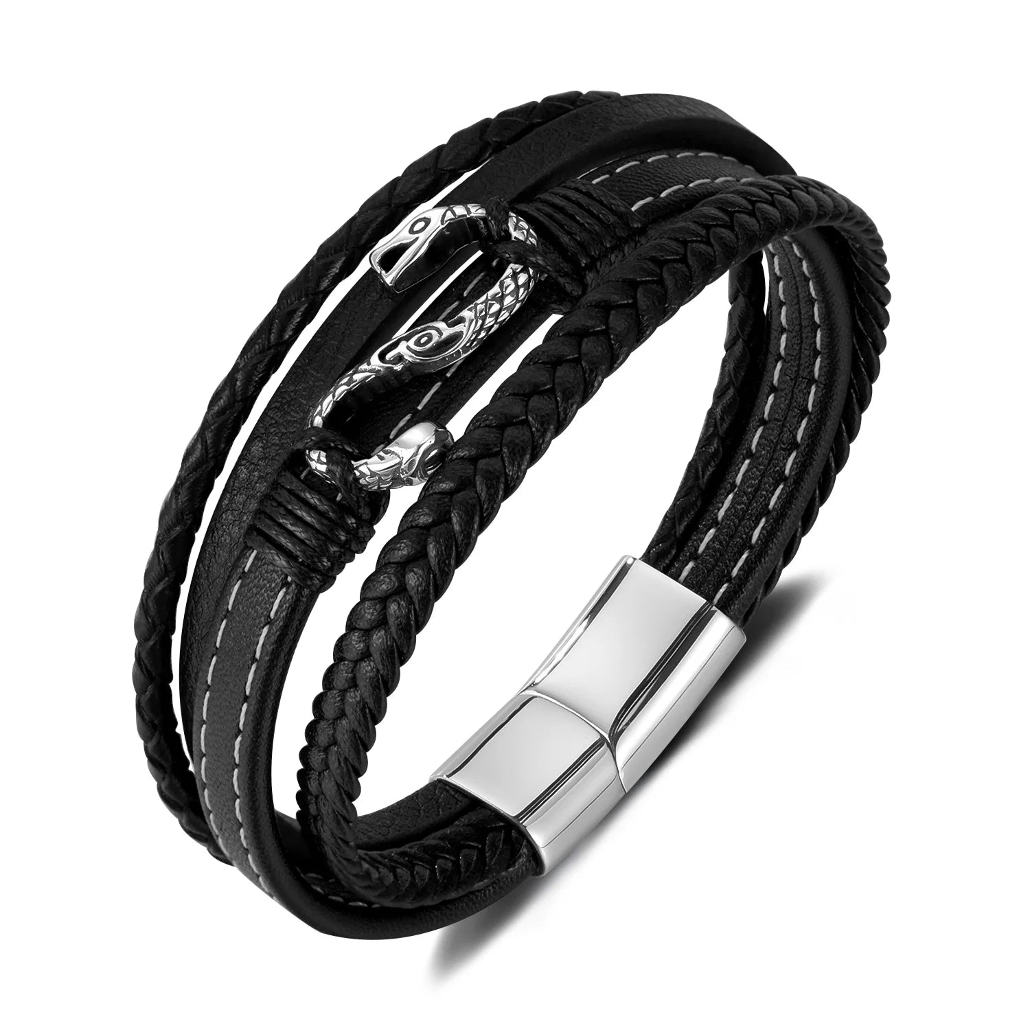 Fashion Punk Mens Stainless Steel Magnetic Clasp Charm Multi-Layer Braided Leather Bracelets Jewelry Snake Wrap Bracelets Gifts
