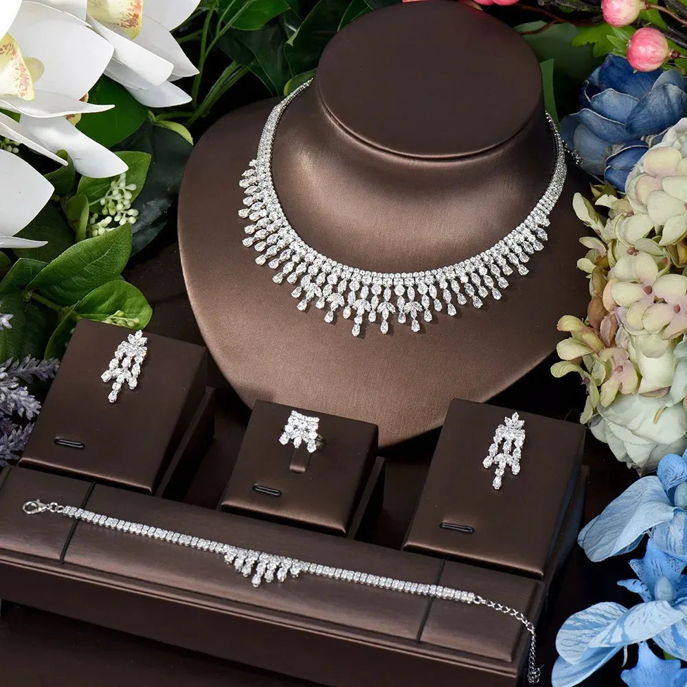 HIBRIDE Fashion Leaf 4pcs Jewelry Sets for Dubai Women Bridal Wedding CZ Earring Necklace Parrure Bijoux Femme Mariage N-1516