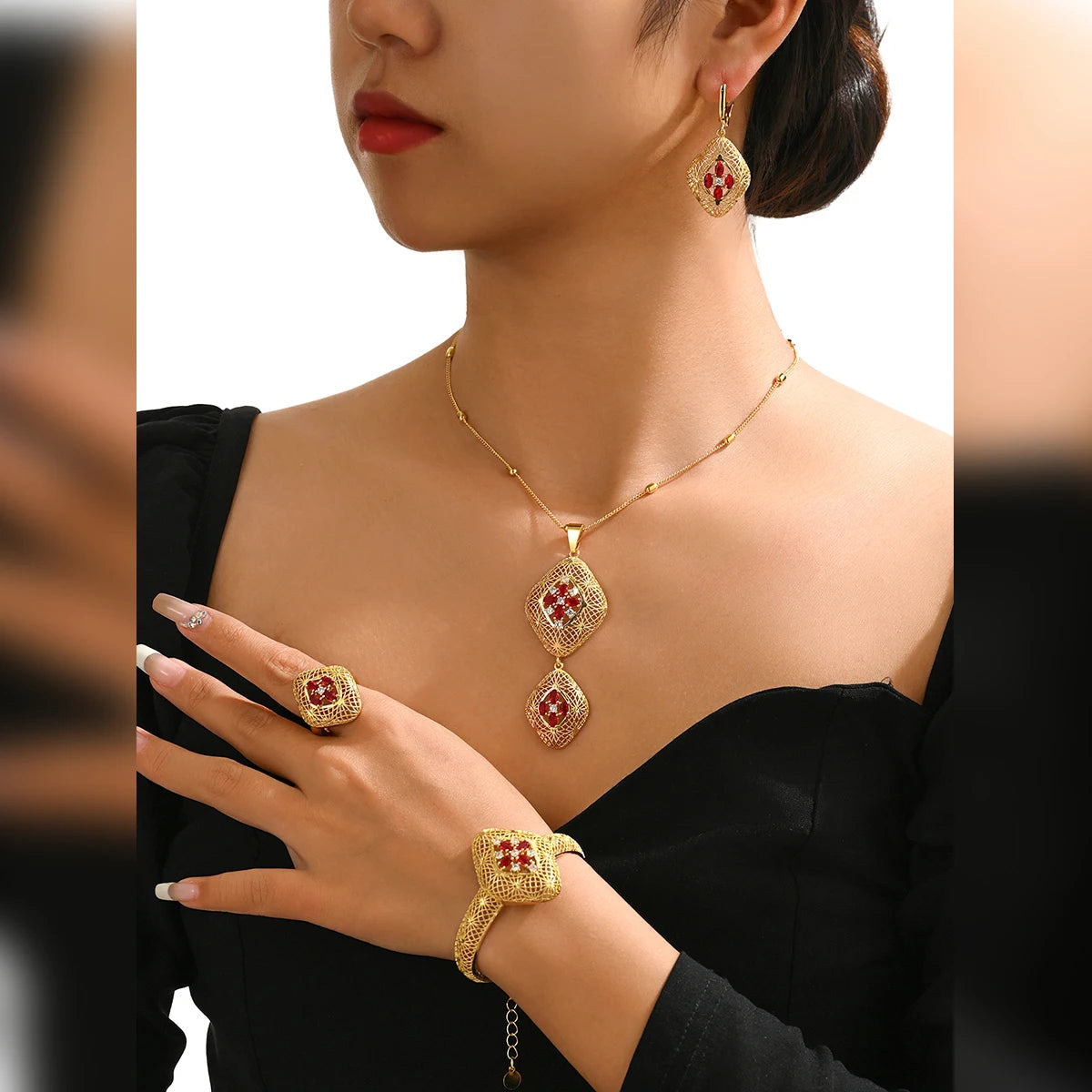 MEIZI Women's 18K Gold Plated Brass Ruby Set Fashionable Elegant Weddings Gifts Parties Engagements Anniversaries Orthodox
