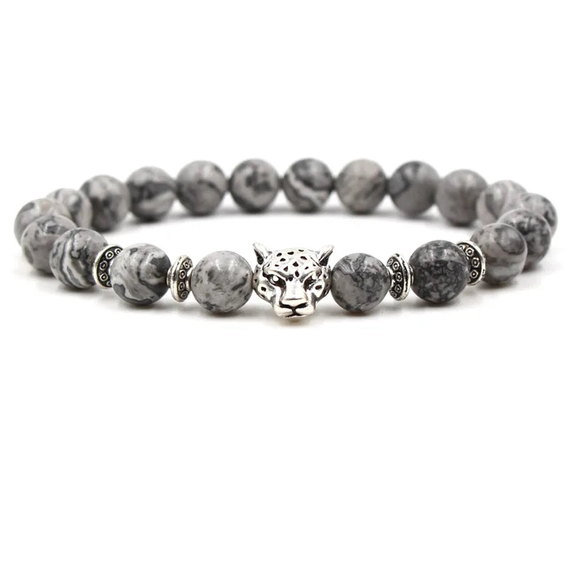 Men's Stone Bead Bracelet Leopard Pendant Design Fashionable Charm Natural Stone Bead Bracelet Gift