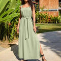 Enyami Women Casual Loose Plain Maxi Sundress Tank Dress Lace up Sleeveless Summer Beach Tiered Waist Bend Long Dresses
