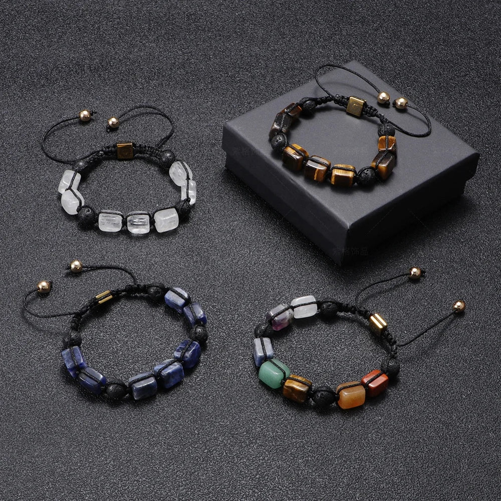 Natural Volcanic Stone White Crystal Bracelet Fashion Handmade Woven Rectangular Agate Natural Stone Bracelet for Men